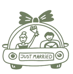 A just-married car with ribbons on the bonnet.