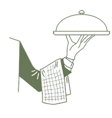A waiter carrying a covered silver platter.