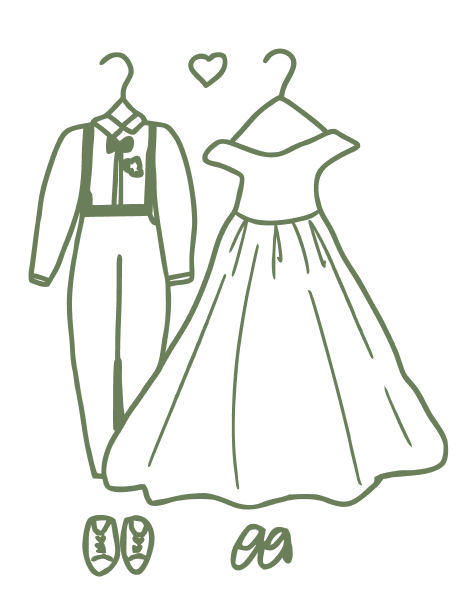 A suit and a wedding dress hanging side by side, with shoes below.