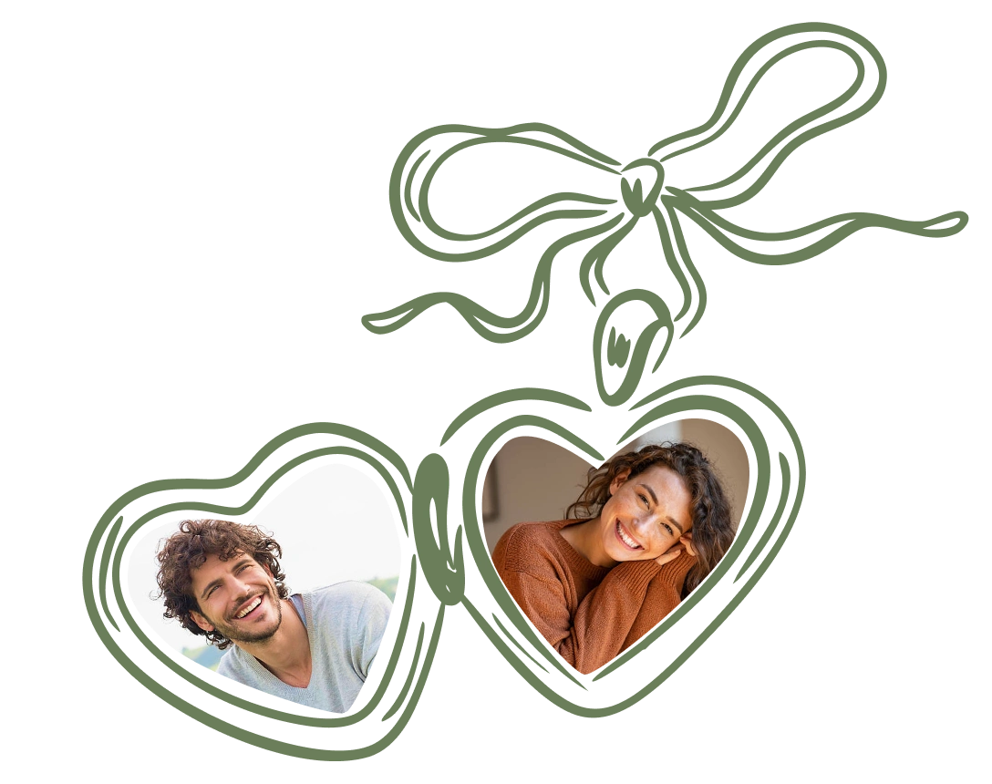 A hand-drawn ribbon bow holding a double heart locket with photographs of Daniel and Kelly inside.