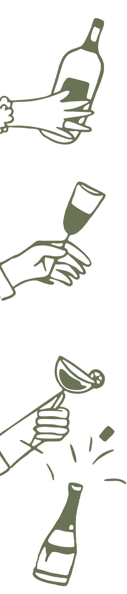 Hand-drawn hands raising a glass of wine, a glass of beer and another glass of wine.