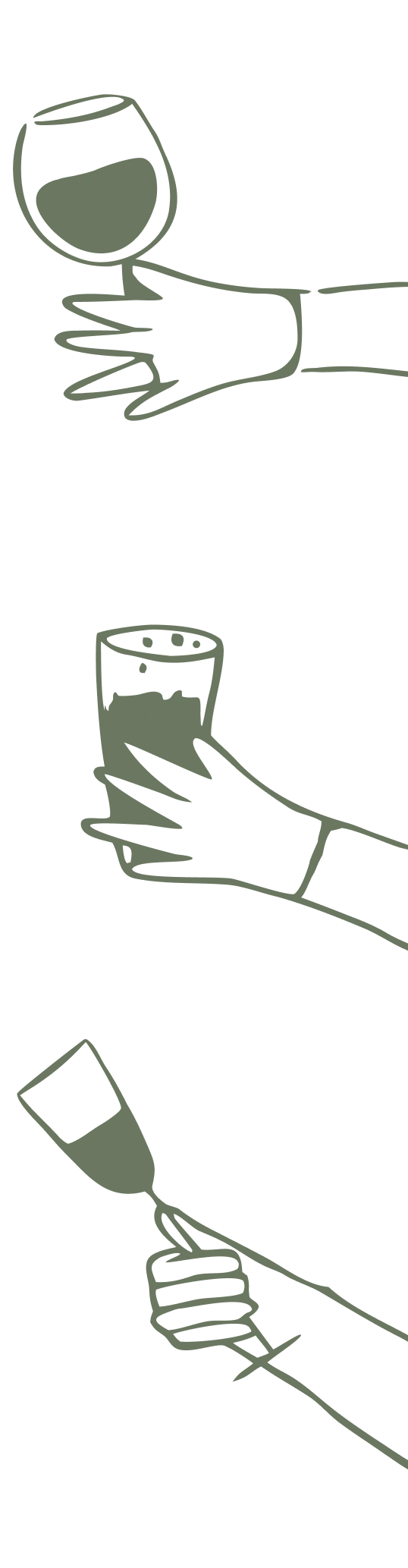Hand-drawn hands holding a bottle of wine, a glass of champagne, and a cocktail beside a popping bottle.