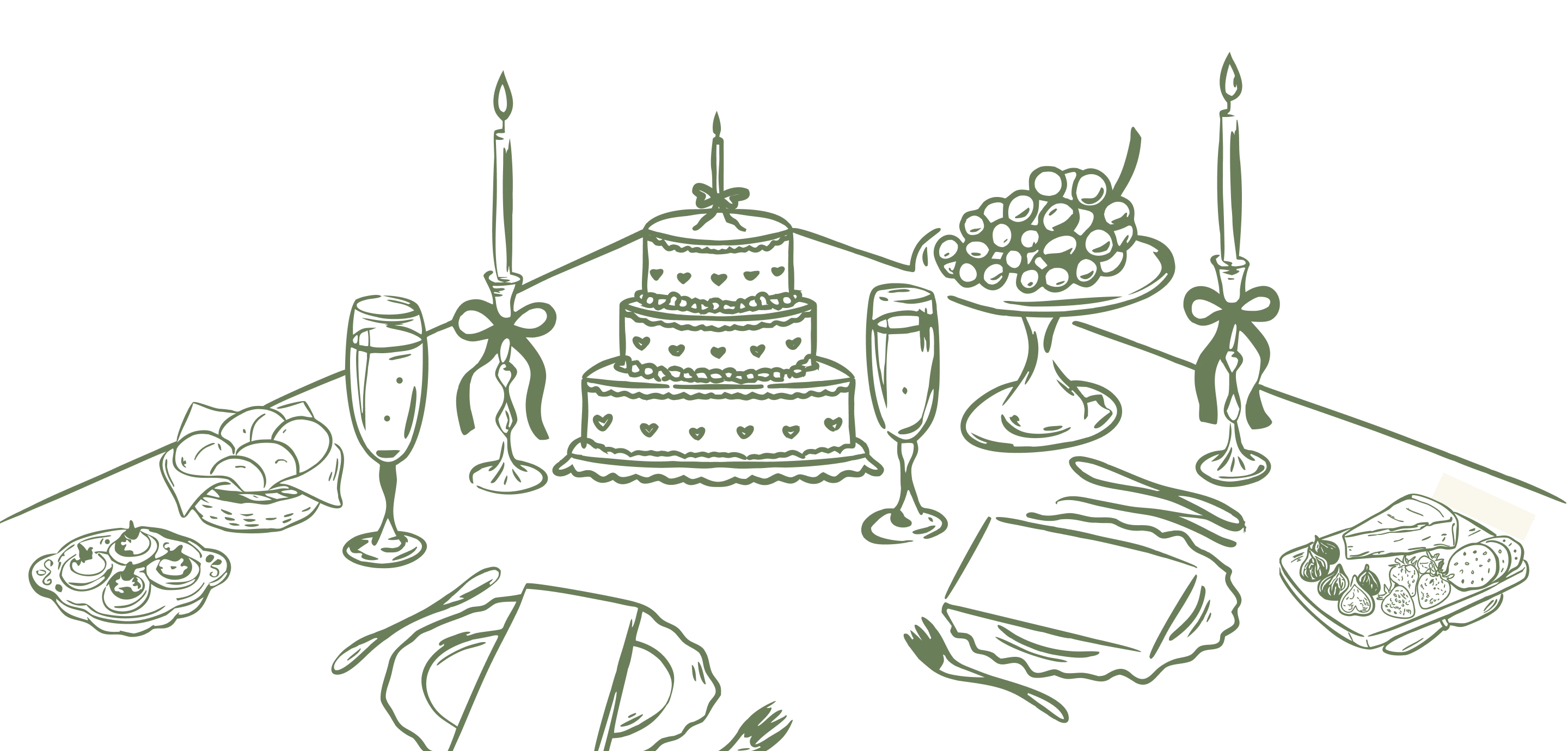 A hand-drawn table laid for a wedding dinner — a tiered cake, candles, champagne, fruit and place settings.